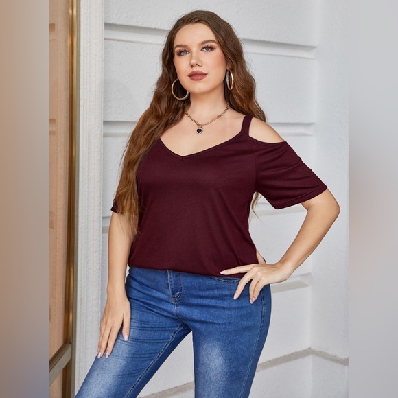 Plus Size V-Neck Cold-Shoulder Blouse - Picture 1 of 4